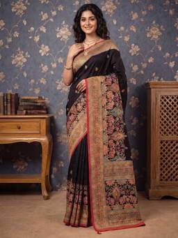 Nyri - Womens Viscose Black Digital Print Saree with Unstitched Blouse