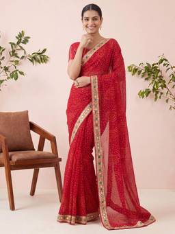 Nyri - Womens Georgette Red Printed Saree with Unstitched Blouse