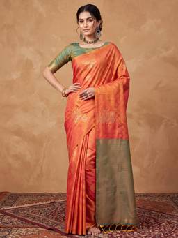 Nyri - Womens Soft Silk Orange Woven Design Saree with Unstitched Blouse