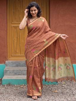 Nyri - Womens Cotton Rust Woven Design Saree with Unstitched Blouse
