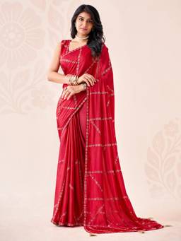 Nyri - Womens Chiffon Red Embellished Saree with Unstitched Blouse