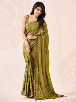 Nyri - Womens Chiffon Olive Embellished Saree with Unstitched Blouse