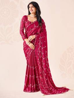 Nyri - Womens Chiffon Pink Embellished Saree with Unstitched Blouse