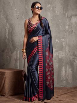 Nyri - Womens Satin Black Printed Saree with Unstitched Blouse
