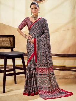 Nyri - Womens Satin Black Printed Saree with Unstitched Blouse