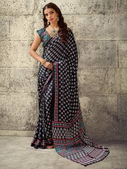 Nyri - Womens Satin Black Printed Saree with Unstitched Blouse