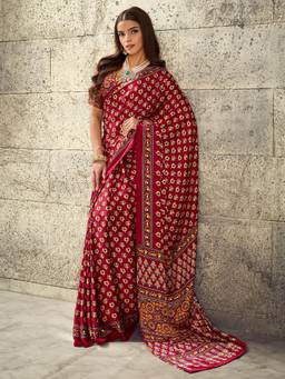 Nyri - Womens Satin Maroon Printed Saree with Unstitched Blouse