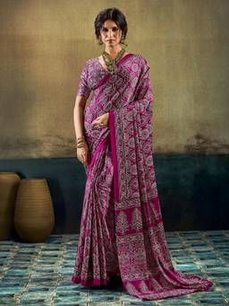 Nyri - Womens Satin Magenta Printed Saree with Unstitched Blouse