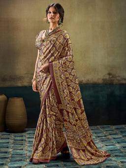 Nyri - Womens Satin Coffee Brown Printed Saree with Unstitched Blouse