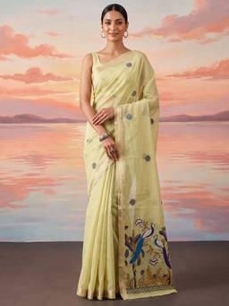 Nyri - Womens Cotton Yellow Woven Design Saree with Unstitched Blouse