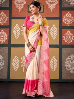 Nyri - Womens Chiffon Cream Zari Embroidered Saree with Unstitched Blouse