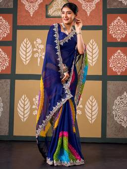 Nyri - Womens Chiffon Navy Blue Zari Embroidered Saree with Unstitched Blouse