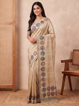 Nyri - Womens Silk Cotton Beige Printed Saree with Unstitched Blouse