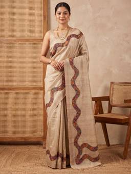Nyri - Womens Silk Cotton Beige Printed Saree with Unstitched Blouse
