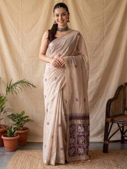 Nyri - Womens Cotton Linen Beige Woven Design Saree with Unstitched Blouse