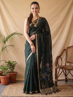 Nyri - Womens Cotton Linen Dark Green Woven Design Saree with Unstitched Blouse
