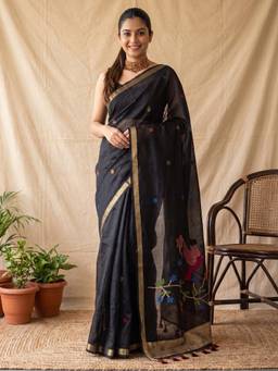 Nyri - Womens Cotton Linen Black Woven Design Saree with Unstitched Blouse