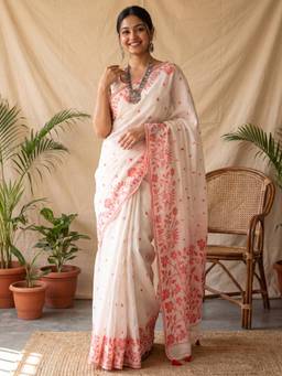 Nyri - Womens Cotton Linen White Woven Design Saree with Unstitched Blouse