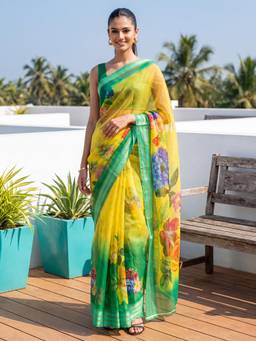 Nyri - Womens Organza Yellow Printed Saree with Unstitched Blouse