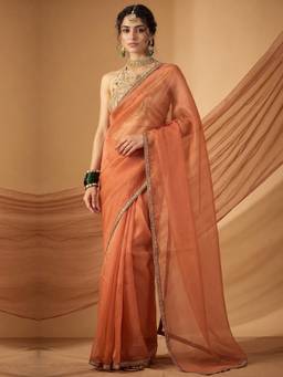 Nyri - Womens Supernet Rust Embellished Saree with Unstitched Blouse
