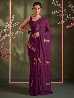 Nyri - Womens Satin Wine Embroidered Saree with Unstitched Blouse
