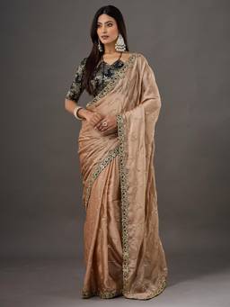 Nyri - Womens Pure Georgette Beige Embellished Heavy Work with Unstitched Blouse