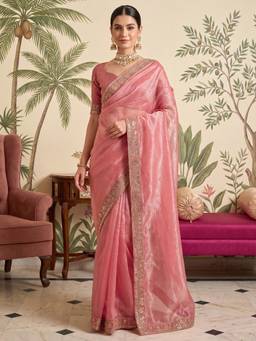 Nyri - Womens Net Pink Embellished Saree with Unstitched Blouse