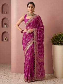 Nyri - Womens Vichitra Silk Pink Embellished Saree with Unstitched Blouse