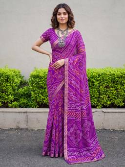 Nyri - Womens Chiffon Purple Printed Saree with Unstitched Blouse