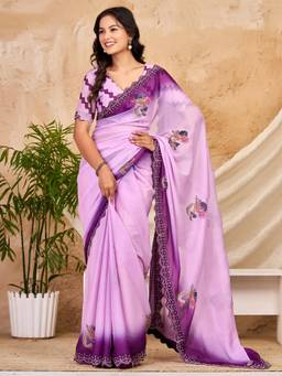 Nyri - Womens Georgette Lavender Printed Saree with Unstitched Blouse