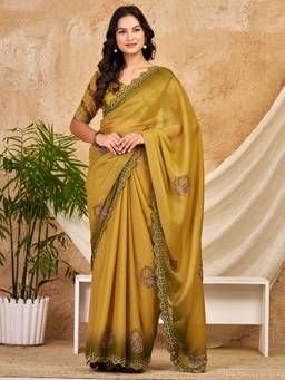 Nyri - Womens Georgette Olive Printed Saree with Unstitched Blouse