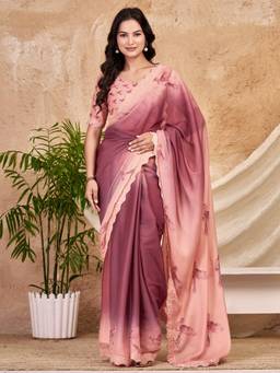 Nyri - Womens Georgette Mauve Printed Saree with Unstitched Blouse