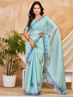 Nyri - Womens Georgette Light Blue Printed Saree with Unstitched Blouse