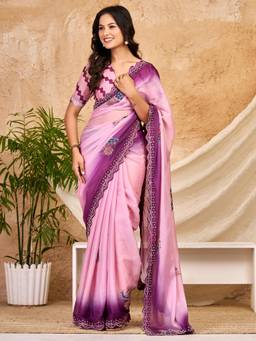 Nyri - Womens Georgette Lavender Printed Saree with Unstitched Blouse