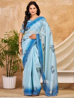 Nyri - Womens Georgette Light Blue Printed Saree with Unstitched Blouse