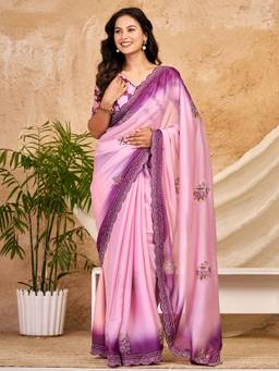 Nyri - Womens Georgette Pink Printed Saree with Unstitched Blouse