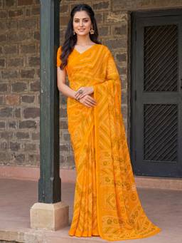 Nyri - Womens Chiffon Yellow Printed Saree with Unstitched Blouse
