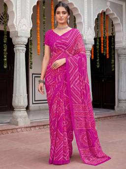 Nyri - Womens Chiffon Pink Printed Saree with Unstitched Blouse