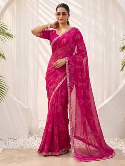 Nyri - Womens Georgette Pink Printed Saree with Unstitched Blouse