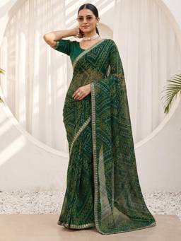 Nyri - Womens Georgette Green Printed Saree with Unstitched Blouse