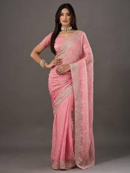 Nyri - Womens Chiffon Pink Zari Embroidered Saree with Unstitched Blouse