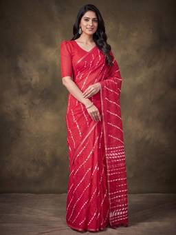 Nyri - Womens Cotton Linen Red Printed Saree with Unstitched Blouse