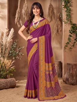 Nyri - Womens Crepe Purple Printed Saree with Unstitched Blouse