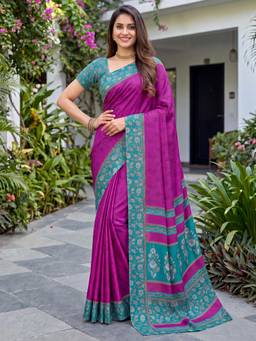 Nyri - Womens Crepe Purple Printed Saree with Unstitched Blouse