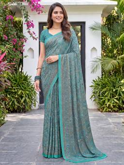 Nyri - Womens Crepe Turquoise Printed Saree with Unstitched Blouse