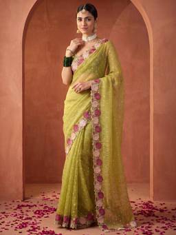 Nyri - Womens Tissue Olive Woven Design Saree with Unstitched Blouse