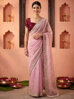 Nyri - Womens Satin Pink Zari Embroidered Saree with Unstitched Blouse