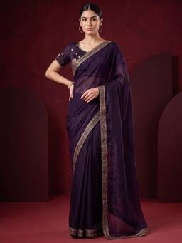 Nyri - Womens Satin Purple Zari Embroidered Saree with Unstitched Blouse