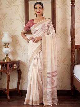 Nyri - Womens Satin Silk Cream Printed Saree with Unstitched Blouse
