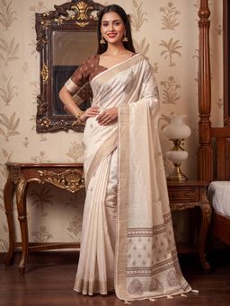 Nyri - Womens Satin Silk Cream Printed Saree with Unstitched Blouse